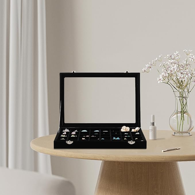 Frebeauty 40 Grid Jewelry Tray,Adjustable Earring Holder Organizer with Glass Lid,Velvet Drawer Jewelry Organizer for Rings,Studs,13.8 x 9.5 x 2 Inches Jewelry Display Box,Gift for Women(Black) - Image 2