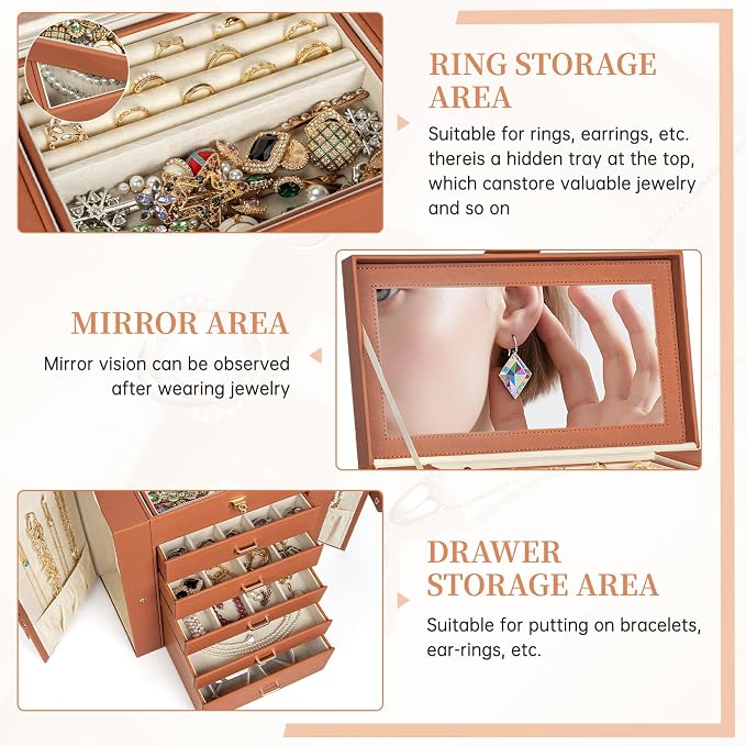 AKOZLIN Huge Jewelry Box Organizer Functional Large Leather Jewelry Storage Case for Women Girls Ring Necklace Earring Bracelet Holder Organizer with Mirror - Image 6