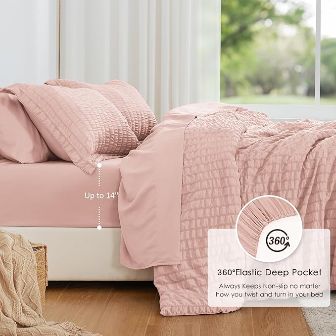 Love's cabin Seersucker Pink Queen Comforter Set, 7-Piece All Season Lightweight Bed in a Bag Bedding Set with Comforter, Flat Sheet, Fitted Sheet, Pillowcases and Shams | Soft, Breathable, Lightweight