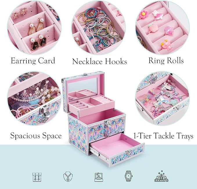 Hododou Girls Jewelry Box Organizer with Drawer & Mirror, Mermaid Tail Style Lockable Storage Case for Kid or Little Girls Jewelry and Hair Accessories - Image 3