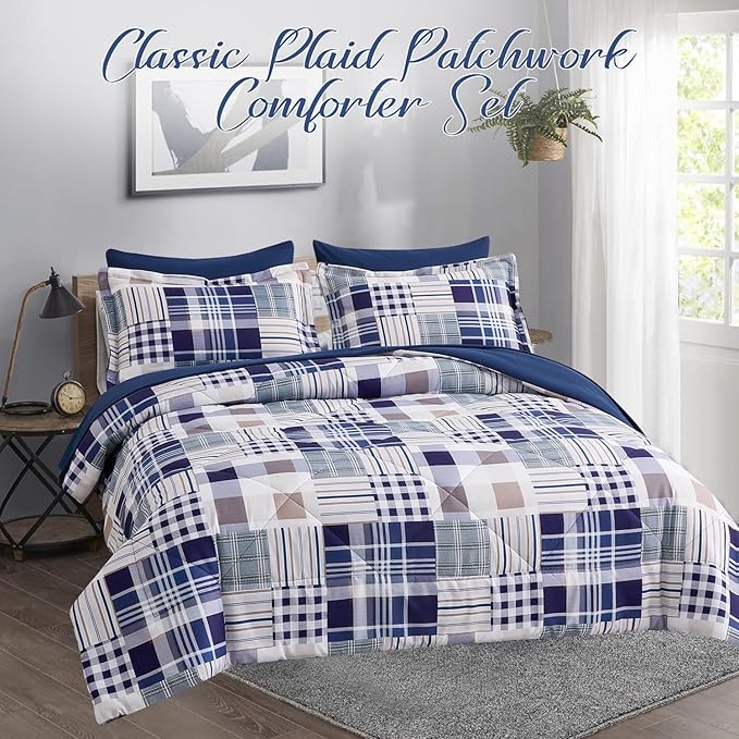 Comforter Set King Size Plaid Patchwork Comforter Bedding-7 Piece Bed in a Bag,Soft Fluffy Reversible Microfiber Bedding Set(1 Comforter,1 Flat Sheet,1 Fitted Sheet,2 Pillowcases,2 Pillow Shams),Navy