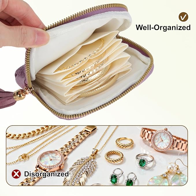 VOCOSTE Travel Jewelry Case, Portable Jewelry Organizer with 6 Independent Layers, Small Pouch Bag for Necklace Bracelet Rings Earring Storage, Light Purple - Image 5