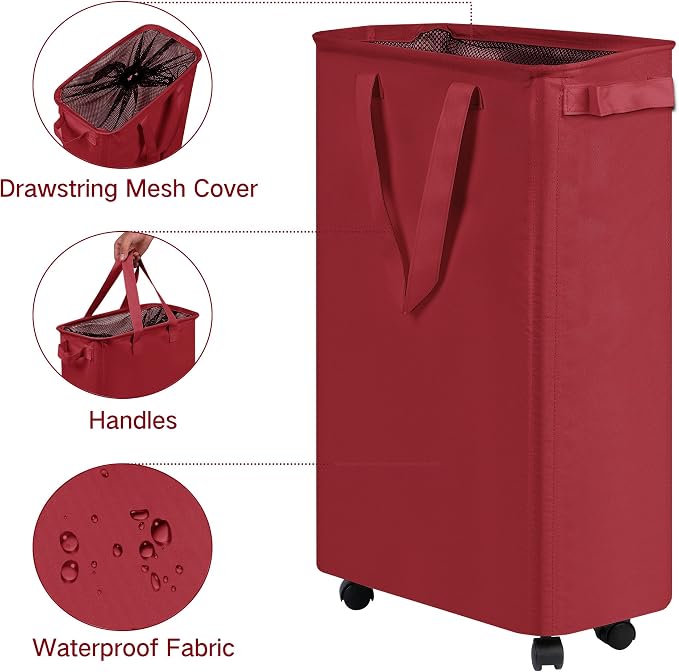 efluky Slim Laundry Hamper with Wheels, Rolling Laundry Basket for Clothes, Small Laundry Basket for Bedroom, Dorm and Laundry Room, 60L (12.7 Gallons) Burgundy Red - Image 3