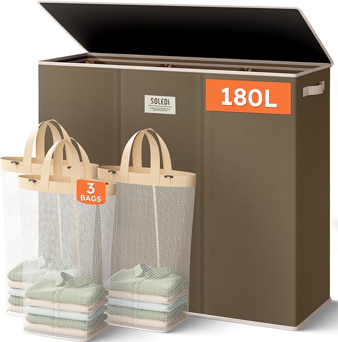 SOLEDI 180L 3-Section Laundry Hamper with Lid, Extra Large Dirty Clothes Basket with Sturdy Handles for Laundry Room & Bedroom - Durable Organizer for Sorting Laundry by SOLEDI