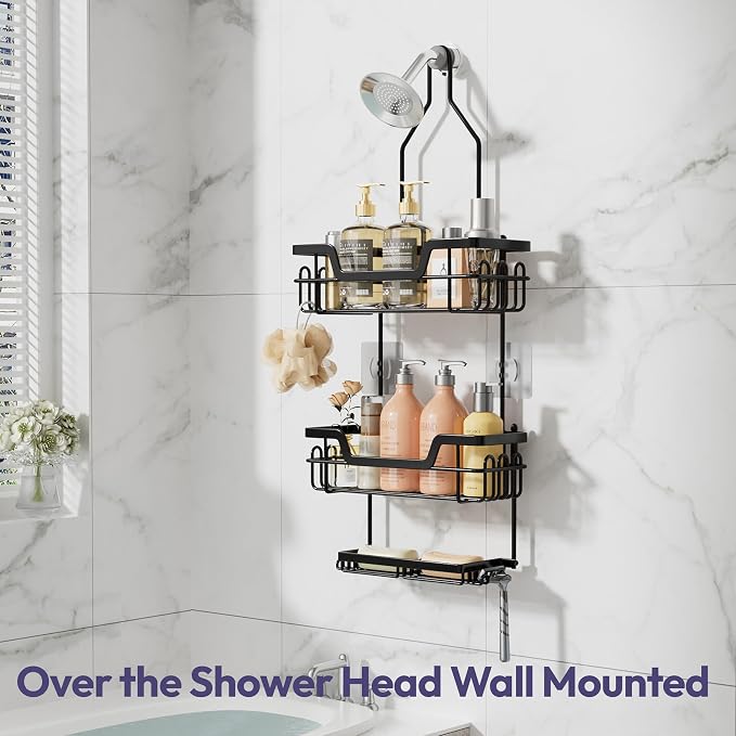 SWTYMIKI Bathroom Shower Caddy Hanging - 3 Tier Rustproof Over Shower Head Organizer, No Drilling Bathroom Shelf with 16 Hooks & Soap Holder, Anti-Swing Rack for Shampoo,Sponge,Towel, Black, Large - Image 2