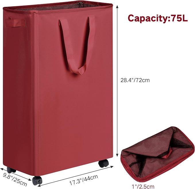 efluky Slim Laundry Hamper with Wheels, Rolling Laundry Basket for Clothes, Small Laundry Basket for Bedroom, Dorm and Laundry Room, 75L (19.8 Gallons) Burgundy Red - Image 2