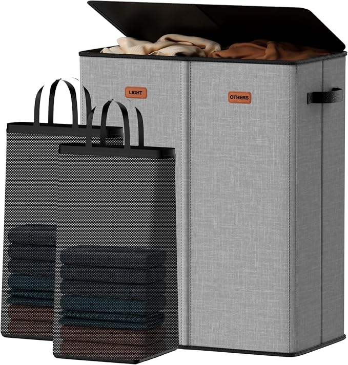 150L Double Laundry Hamper With Lid, Large Clothes Hampers with Removable Bag, Laundry Hamper 2 Section for Bathroom, Bedroom, Laundry Room, Dorm, Grey by Vexalora