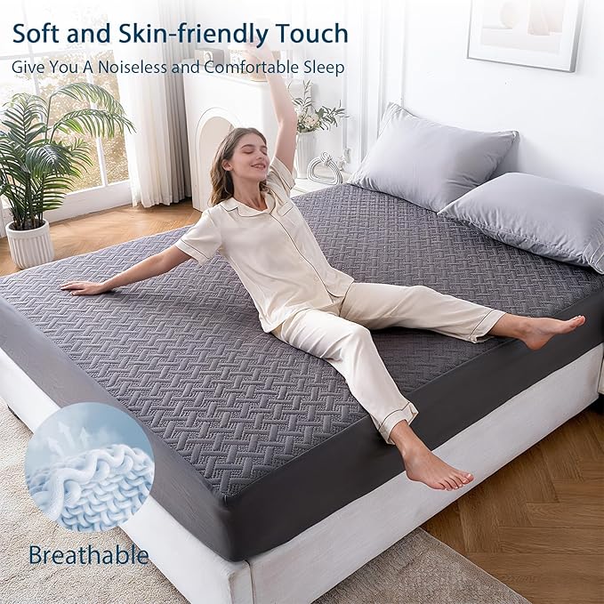 Twin Mattress Protector Waterproof - Ultrasonic Noiseless Mattress Pad with Reinforced TPU Backing, Breathable Bed Cover Fit 6"-15" Deep Pocket for Potty Training, Pets & Night Sweats, Gray