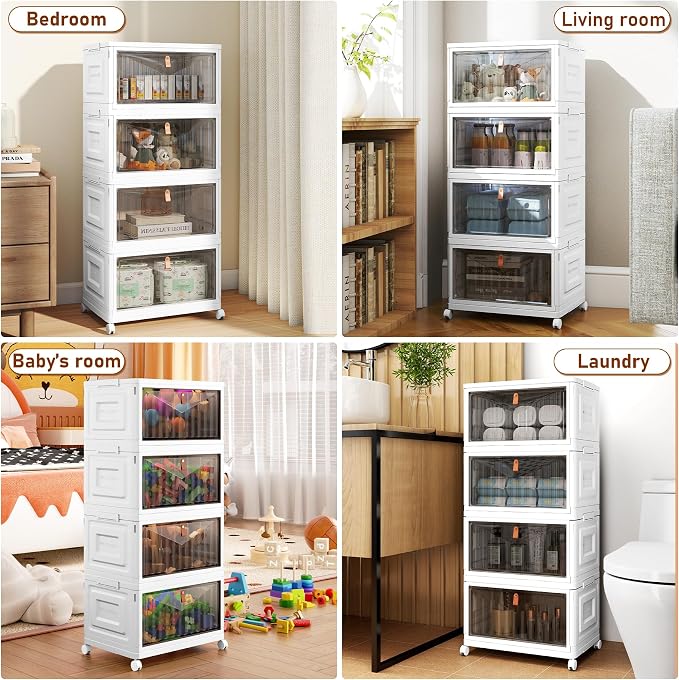4 Tier Storage Bins with Lids, 23QT Stackable Closet Organizers and Storage with Wheels, Collapsible Storage Boxes, Foldable Plastic Storage Containers for Home,Office, Dorm Room-White - Image 6
