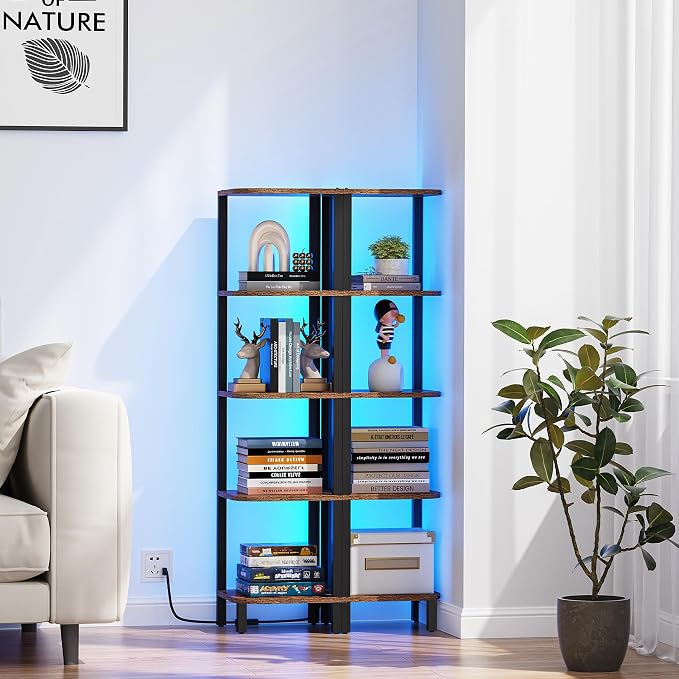 TUTOTAK Corner Shelf with LED Light, 5-Tier Corner Bookshelf for Small Space, Narrow Display Corner Shelf Stand with Storage Rack, for Living Room, Bedroom, Rustic Brown BS08BB005L - Image 7