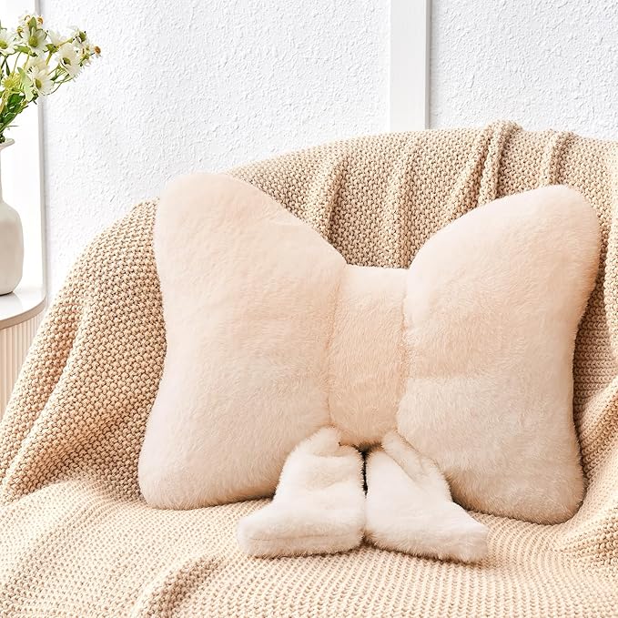 Beige Bow Pillow,12'' Bow Decorative Pillows with Faux Rabbit Fur,Soft Bow Throw Pillows Aesthetic Bow Shaped Pillow for Bed Sofa Couch Home Decor