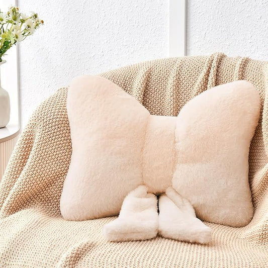 Beige Bow Pillow,12'' Bow Decorative Pillows with Faux Rabbit Fur,Soft Bow Throw Pillows Aesthetic Bow Shaped Pillow for Bed Sofa Couch Home Decor