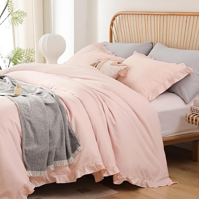JANZAA Soft Fluffy Comforter Set 3PCS (1 Ruffled Blush Comforter Set and 2 Pillowcases) Vintage Shabby Chic Bedding, All Season, Blush Pink, Queen