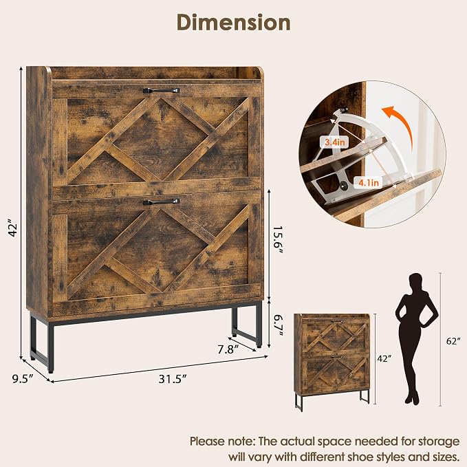 Nicetree Shoe Cabinet Organizer with 2 Flip Drawers, Freestanding Narrow Rack with Metal Legs, Farmhouse Slim Shoe Storage for Entryway, Foyer, Hallway, Rustic Brown - Image 2