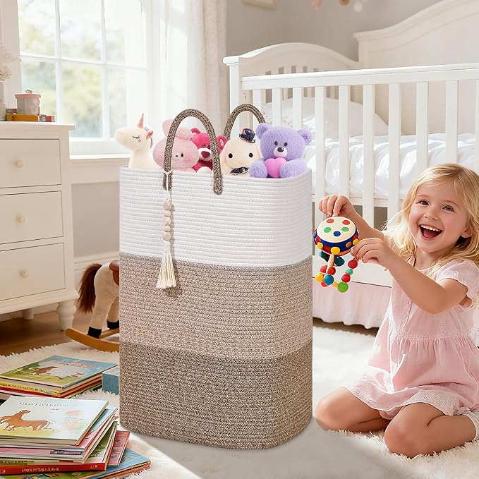 Woven Laundry Basket for Clothes,65 L Large Rectangle Laundry Hampers with Beads Tassel, Nursery Storage Basket for Toys, Tall Dirty Clothes Hamper for Bedroom Aesthetic, Laundry Room Organization - Image 6