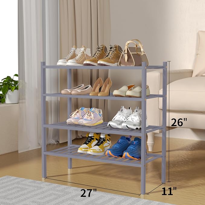 ROMGUAR CRAFT 4 Tier Bamboo Shoe Rack for Closet Free Standing Wood Shoe Shelf for Entryway Small Space Stackable 27"x11"x26" (Grey) - Image 3