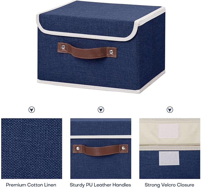 ANMINY 2PCS Storage Bins with Lid PU Leather Handles Storage Boxes PP Plastic Board Decorative Foldable Lidded Cotton Linen Fabric Home Cubes Baskets Closet Organizer Containers - Blue, Small Size - Image 3
