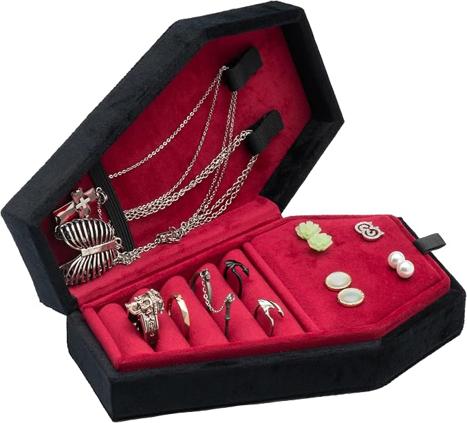 Velvet Coffin Jewelry Travel Case Holder for Gothic Wedding Ceremony Jewelry Organizer Decoration (Black Red 4 Grid) - Image 5