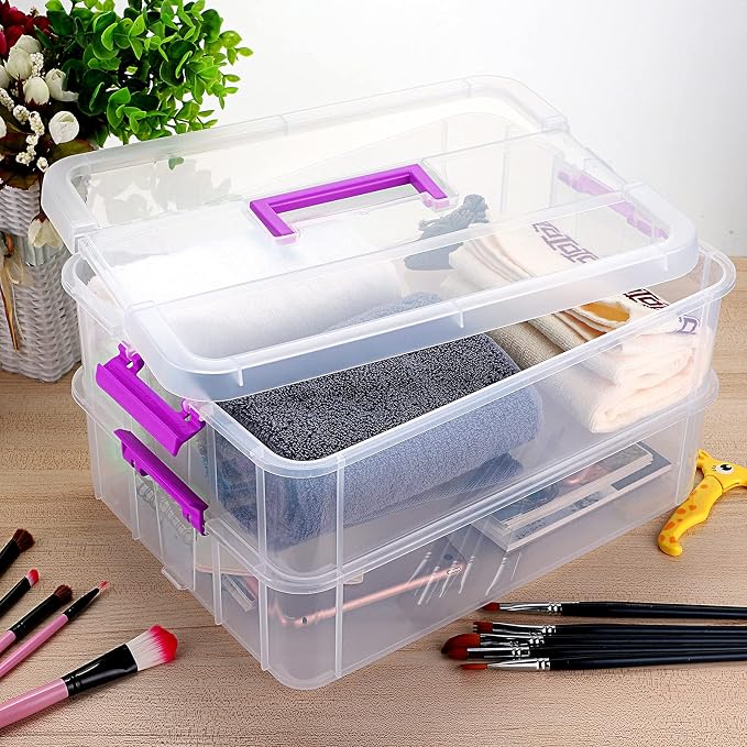 JUXYES 2-Tiers Stack Carry Storage Box With Handle, Transparent Stackable Storage Bin With Handle Lid Latching Storage Container for School & Office Supplies - Image 7