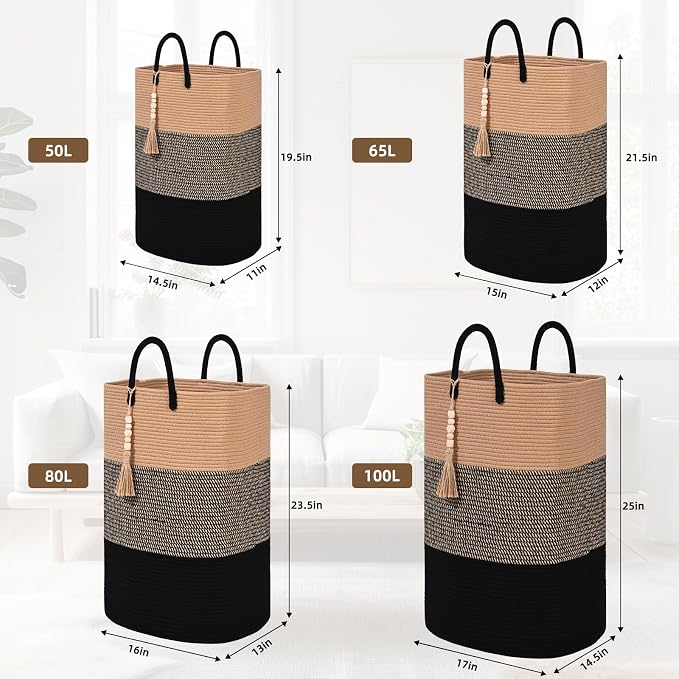 Woven Laundry Basket for Clothes, 100 L Large Rectangle Laundry Hampers, Nursery Storage Basket for Toys, Tall Dirty Clothes Hamper for Bedroom Aesthetic, Bathroom, Laundry Room - Image 8