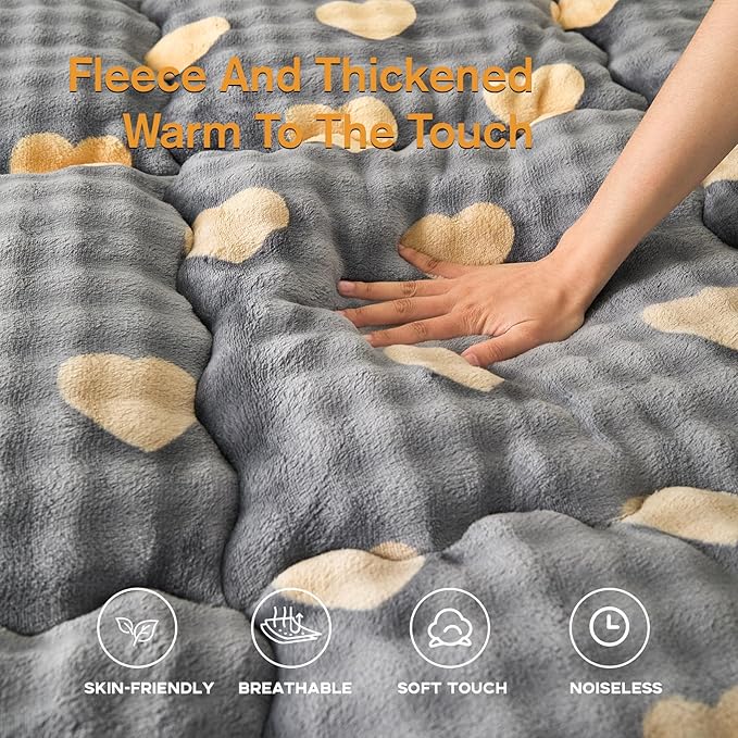 Mattress Topper Queen Size 60 x 80 inches, Warm Thicken Velvet Queen Mattress Pad Breathable and Comfortable with 4 Elastic Band, Deep Pocket Stretchable up to 15 inches Washable, Gray Heart