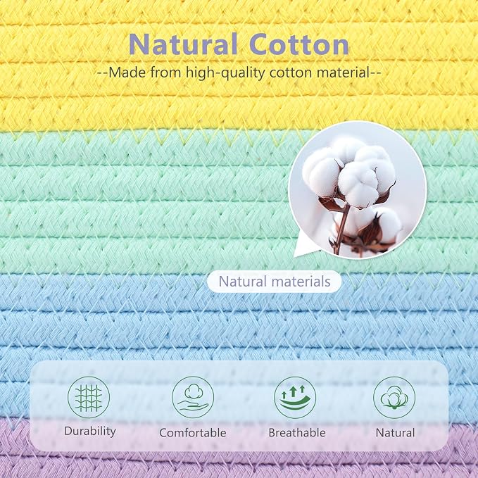 ECDYQXVU Cotton Rope Storage Basket, 15x10x9 Inches, Woven Basket for Shelves, Clothes, Towels, Books, and Laundry, Rainbow (2 Pack) - Image 2
