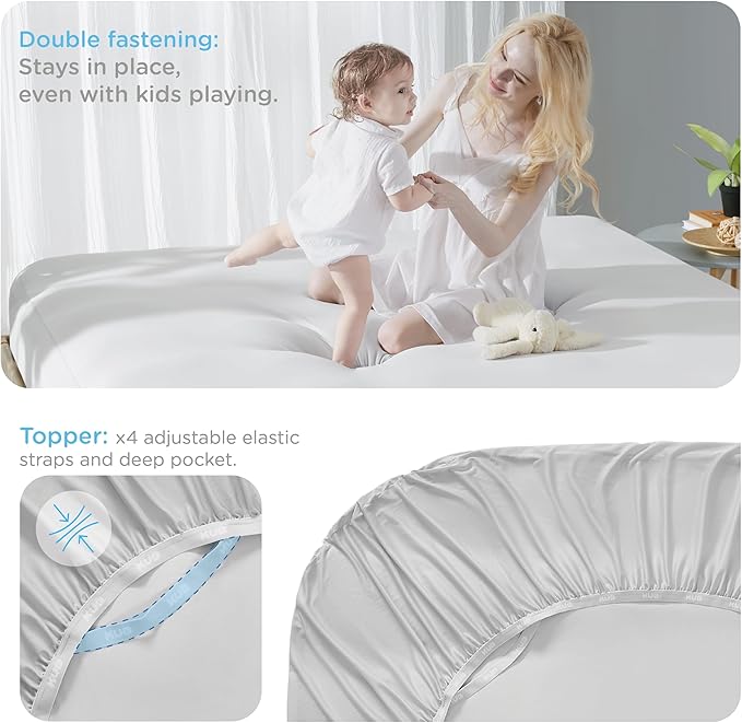 KUB Mattress Topper&Cooling Mattress Protector Bed Fitted Sheet Set, Deep Pocket&4 Elastic Bands, Triple Anti-Slip, Back Pain Relief, Breathable Soft 2 inch Mattress Pad Cover (White, Twin)