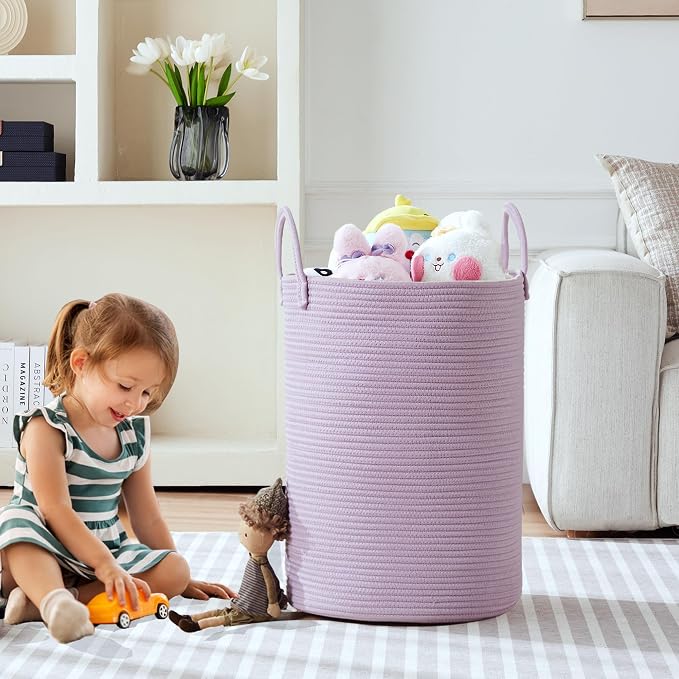 80L Extra Large Purple Hamper Laundry Basket for Nursery Kids 16Dx22H inches Tall Lavender Blanket Basket for Girls Cotton Rope Lilac Clothes Hamper in Bedroom - Image 2