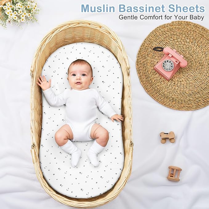 Basumee Muslin Bassinet Sheets for Baby Girl Boy 2 Pack Soft Breathable Baby Bedside Bassinet Fitted Sheets with Bottom Elastic Band Mattress Cover for Rectangle Oval Hourglass Bassinets