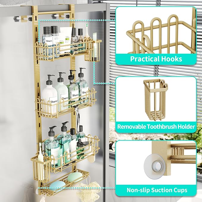 HapiRm Hanging Shower Caddy Organizer - Shower Shelf with 22 Hooks and 2 Toothbrush Holders, No Drilling Adjustable Hanging Bathroom Organizer - Gold - Image 3