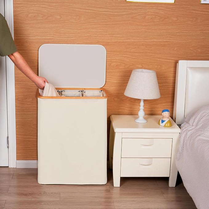 efluky Laundry Hamper with Lid, Trio Laundry Hamper with 3 Removable Bags, 3 Section Laundry Basket with Bamboo Handles for Bathroom, Bedroom & Laundry Room, 160L Beige - Image 5