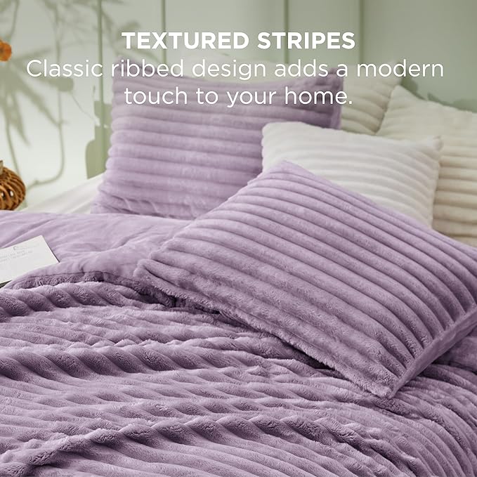 Bedsure Comforter Set Queen Size - GentleSoft™ 3 Pieces Double-Side Fleece Fluffy Lavender Comforter Set, Cozy Striped Room Decor Aesthetic, Luxury Bedding Queen Size, 2 Pillowcases, 90x90 Inches