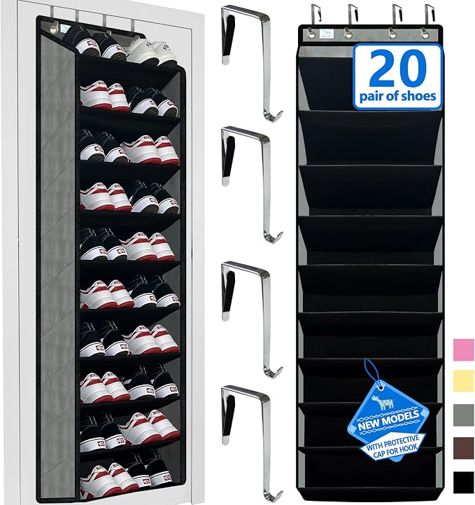 Shoe Organizer,70 Pounds Large Capacity,20-30-Pair Over The Door Shoe Organizer,10 Tiers Shoe Rack for Closet,New Upgrade Anti-Scratch Heavy Duty Hook and Bamboo Material Baffle,Grey/Black by Zebricolo