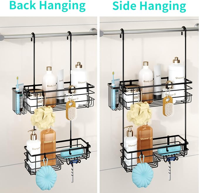 HapiRm Hanging Shower Caddy Organizer - No Drilling Shower Shelves with Hooks and Toothbrush Holder, Rustproof 304 Stainless Steel Bathroom Organizer - Black - Image 3