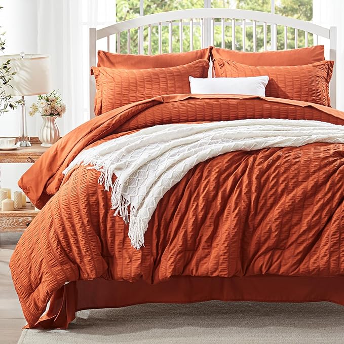 Zzlpp Twin Comforter Set 5 Pieces, Burnt Orange Seersucker Bed in a Bag with Comforter and Sheets, Lightweight Bedding Sets with 1 Comforter, 1 Pillow Sham, 1 Pillowcase, 1 Flat Sheet, 1 Fitted Sheet