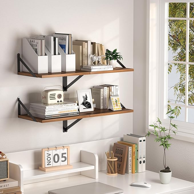 Heimlove 12 Inch Deep Floating Shelves for Wall, 16W x 12D Wood Wall Shelves Set of 2, Walnut Wide Floating Bookshelf for Living Room, Kitchen, Office, Bedroom, with Black Metal Bracke - Walnut - Image 2