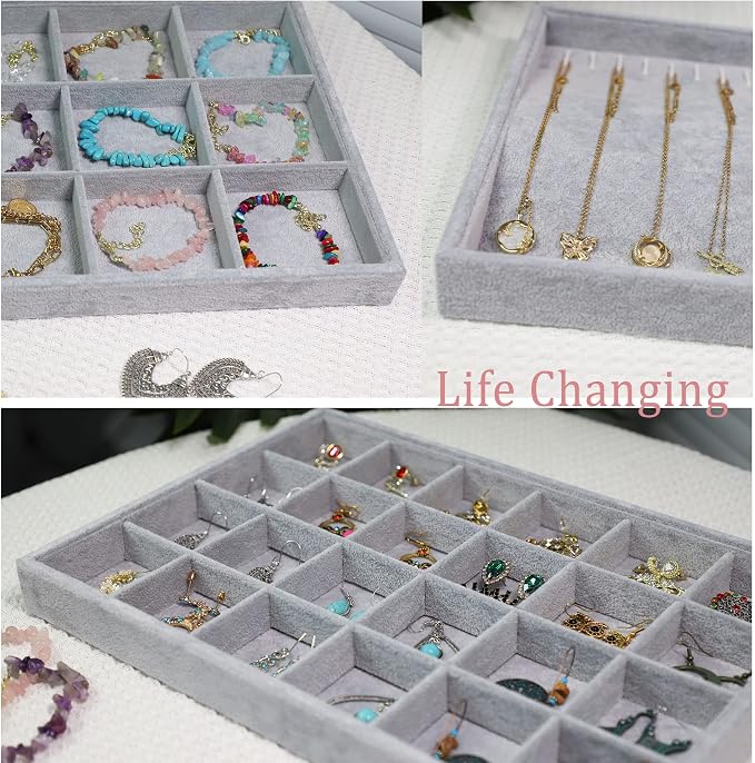 Stratalife Set of 3 Stackable Jewelry Organizer Tray Earring Display Trays Drawer Organizer Inserts Accessory Storage Grey - Image 5