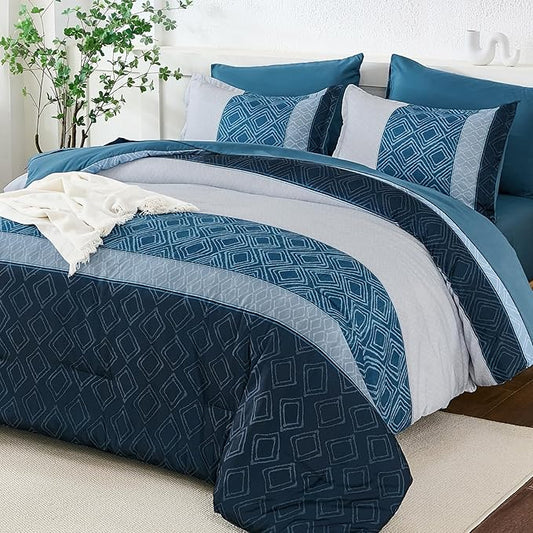 Dinjoy Queen Comforter Set Navy Blue, 7 Piece Boho Bed in a Bag Queen Size Striped Fall Bedding Sets Comforters with Plaid Bed Set with Sheets for Women Men