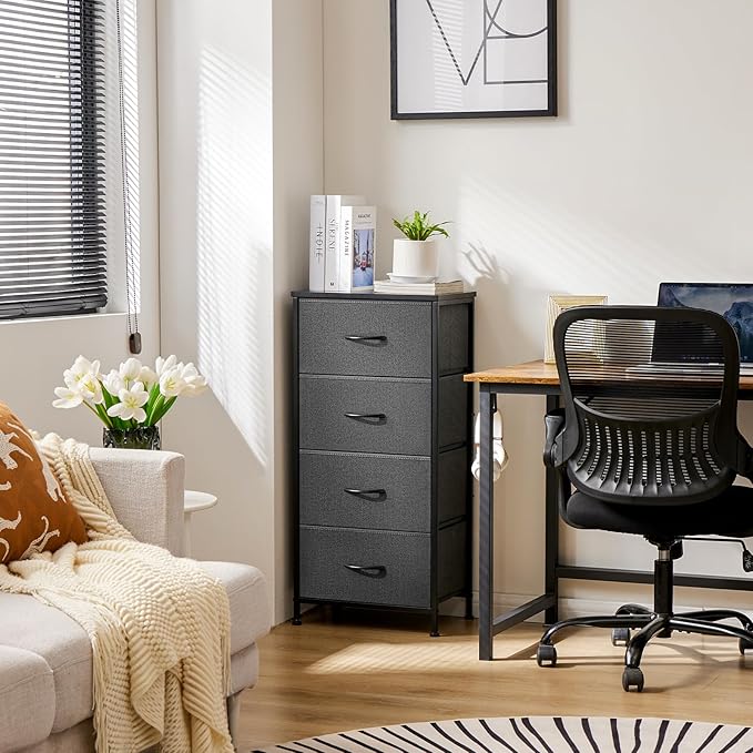 Sweetcrispy Dresser for Bedroom, Storage Drawers, Skinny Fabric Storage Tower with 4 Drawers, Tower Organizer Unit, Chest of Drawers with Wooden Top for Closet，Entryway