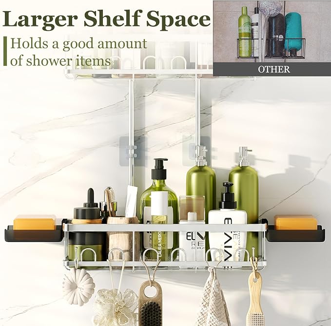 Skyapex Shower Caddy Hanging: Adjustable Height, Rustproof Shelves with Hooks, 2 Soap Holders - Silver Shower Organizer Over Showerhead - Image 4