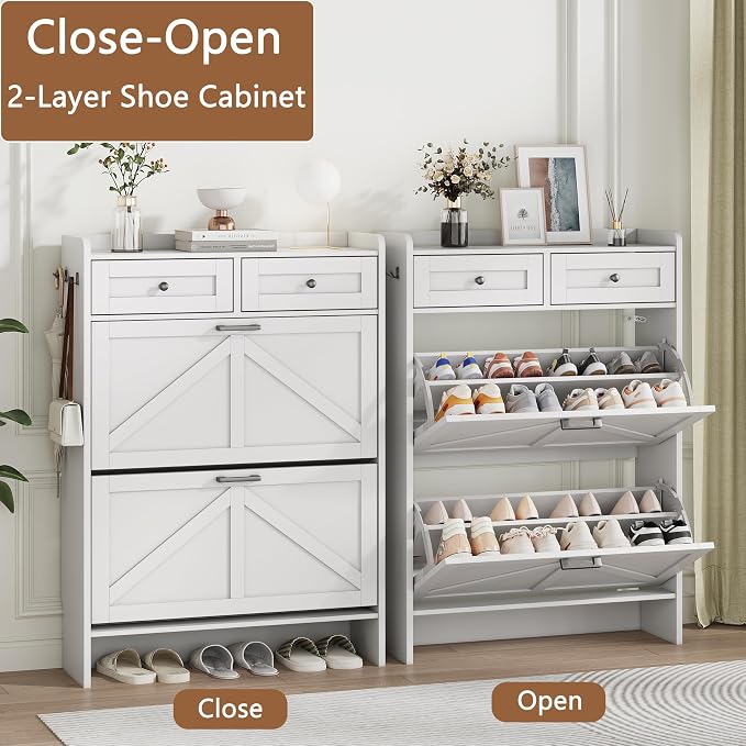 Shoe Cabinet with 2 Flip Drawers & 2 Top Drawers, 43" Tall Freestanding Narrow Wooden Shoe Storage Organizer for Entryway, Hidden Slim Shoe Rack for Front Door Entrance, Hallway, Living Room, White - Image 4