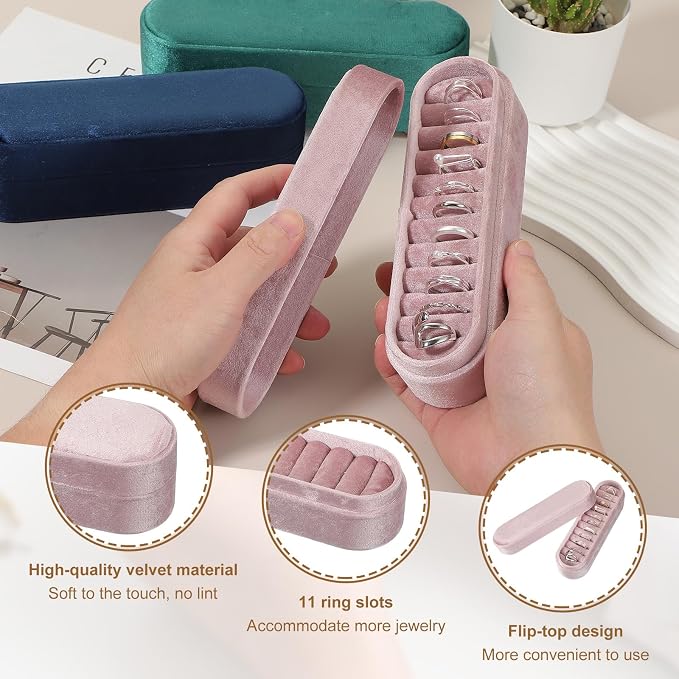 uxcell Velvet Ring Box, 11 Slots Travel Jewelry Case Ring Holder Organizer for Women Gift Proposal Christmas, Pink - Image 3