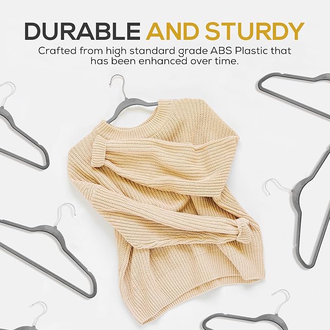 Techzoo Premium Velvet Hangers 50 Pack Ultra Thin Non Slip Adult Felt Space Saving Slim Suit Hanger for Closet Heavy Duty Coat Pants Jackets Dress Hangers 360° Swivel Hook Hold Upto 10 lbs Gray - Image 3