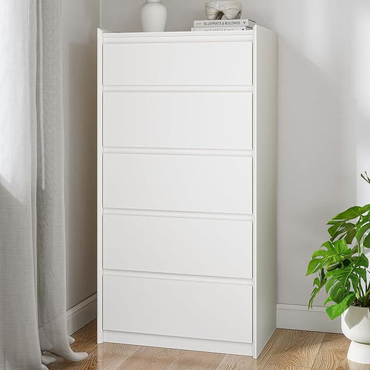 24" Wide White Dresser for Bedroom, 5 Drawer Vertical Chest, Modern Matte Wood Tallboy with Anti-Tip Kit, Space-Saving Storage Organizer for Closet & Small Spaces, Handle-Free