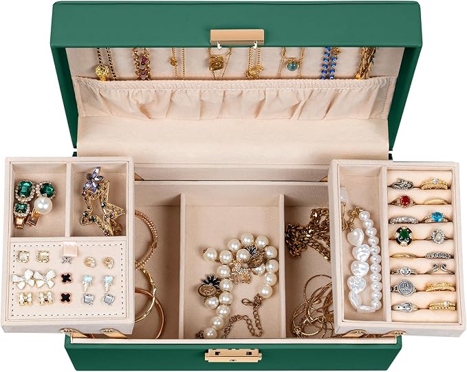 AKOZLIN Travel Jewelry Box Organizer Functional 2-trays Leather Jewelry Storage Case with Lockable Portable for Women Girls Ring Necklace Earring Bracelet - Image 2