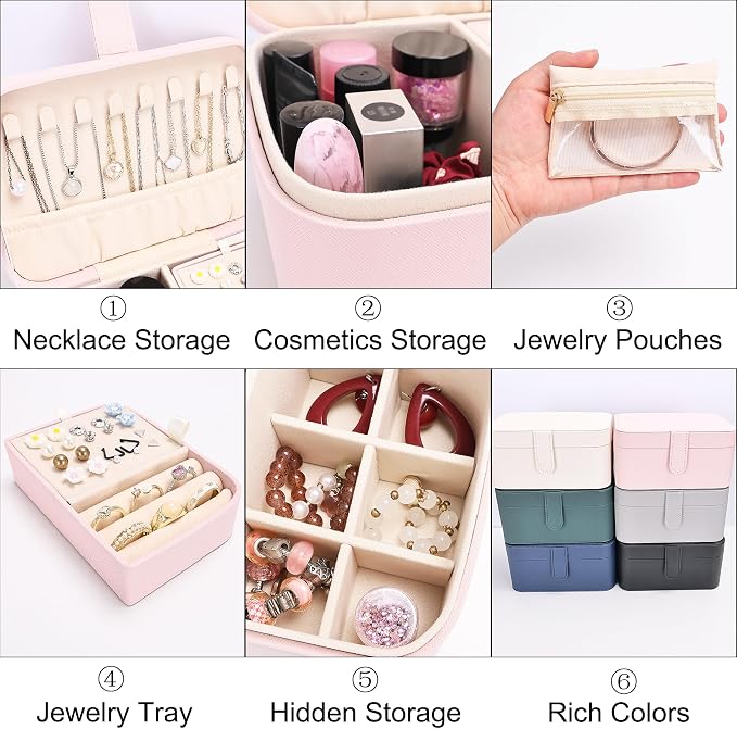 2 Layer Portable Jewelry Box, Large Jewelry Travel Case with 4 Jewelry Pouches, Medium Size Jewelry Organizer Box for Earrings, Necklaces, Bracelets (light pink) - Image 3