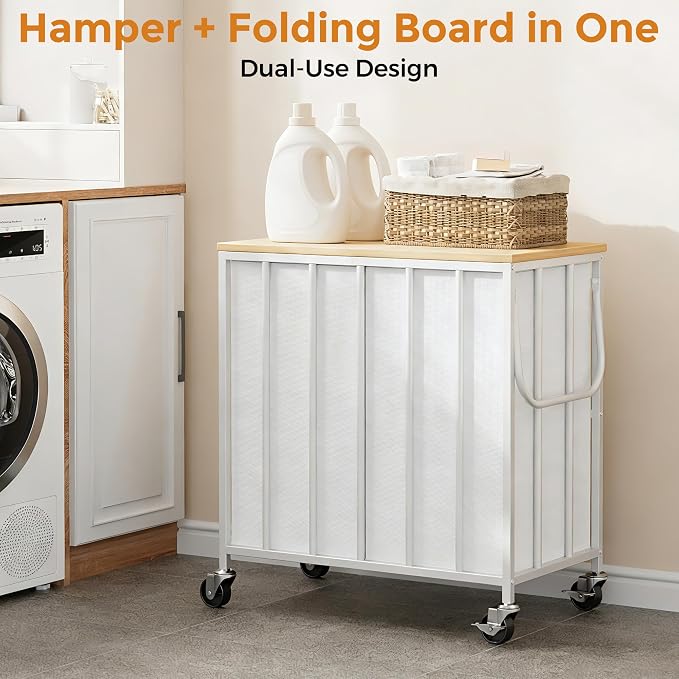 120L Laundry Hamper with Wheels and Lid, Rolling Laundry Basket with Dual Removable Liners, Soft-Close Flip-Top Wooden Lid, Metal Handles, Clothes Organizer for Bedroom and Laundry Room - Image 2
