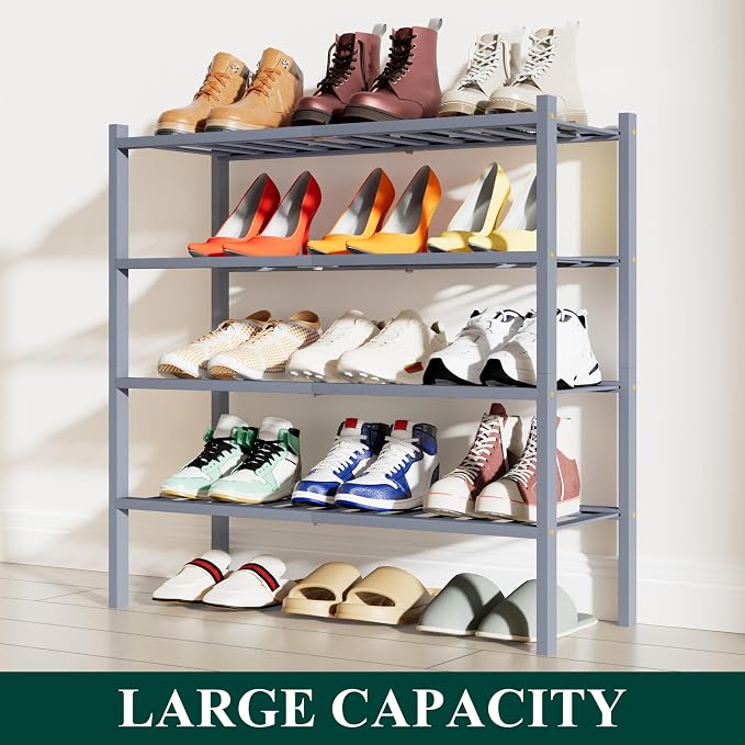 Smiry Shoe Rack, 4 Tier Bamboo Shoe Organizer, Stackable Free Standing Wooden Shoe Storage Shelf for Closet, Entryway, Front Door Entrance, Grey - Image 5