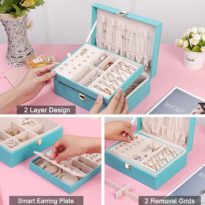 Voova Jewelry Box Organizer for Women Girls, 2 Layer Large Men Jewelry Storage Case, PU Leather Display Jewellery Holder with Removable Tray for Necklace Earrings Rings Bracelets, Gift, Teal/Lake Blue - Image 3