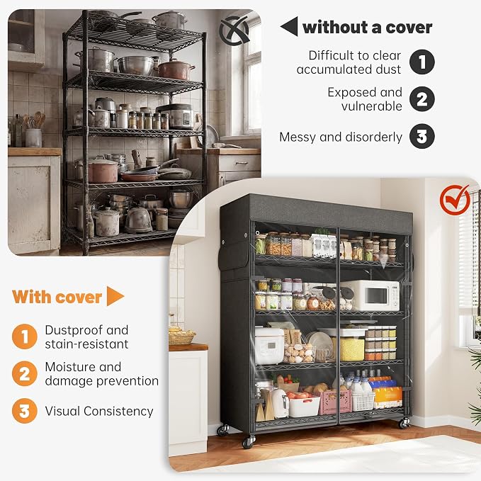 REIBII 72.8" H Storage Shelves with Cover & Wheels, Wire Shelving Heavy Duty Metal Shelving for Pantry Kitchen Garage, Storage Rack Shelf Shelving for Commercial Industrail, 35" W*16" D*72.8" H - Image 4